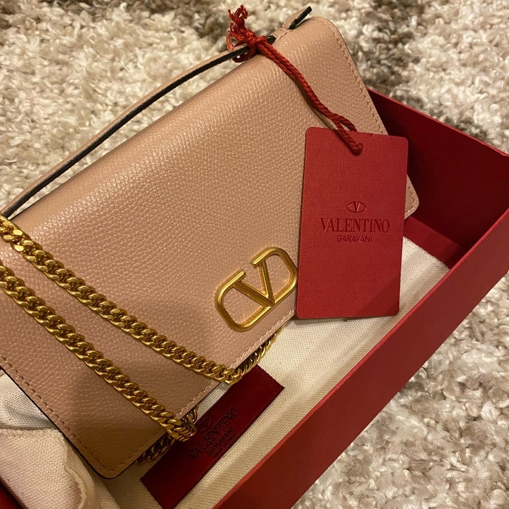 Valentino signature beige leather wallet on chain bag